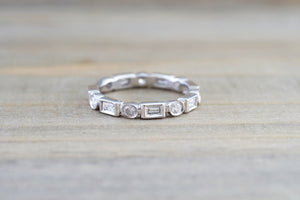14k White Gold Brilliant Cut and Emerald Cut Diamond Eternity Band with Milgrain Stacking Stackable - Brilliant Facets