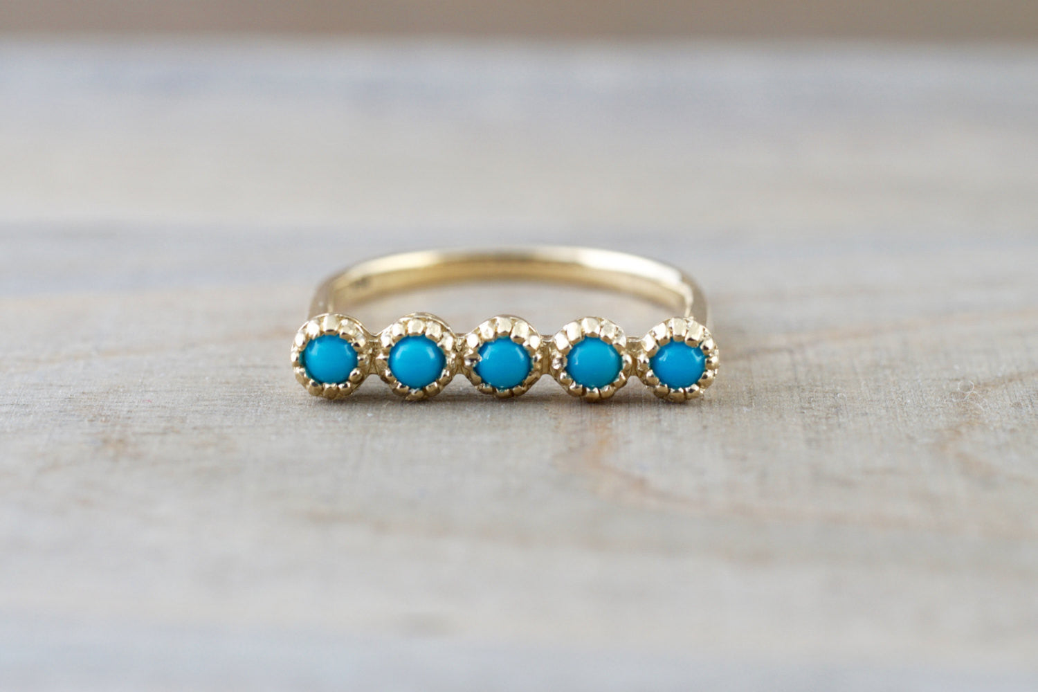 14k Yellow Gold Blue Turquoise Milgrain Stackable Ring