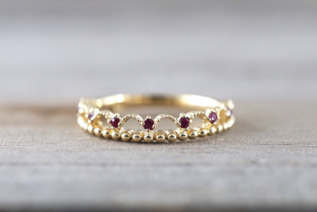 14kt Yellow Gold Red Ruby Ring Wide Vintage Antique Art Deco Crown Tiarra Crown Style Design