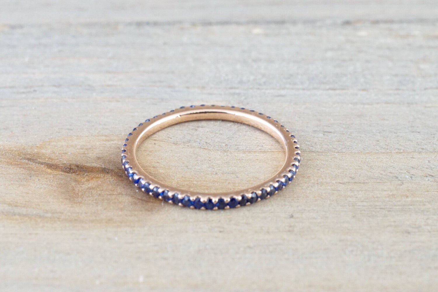 14k Rose Gold Blue Sapphire Dainty Thin Full Eternity Band Wedding Stackable Ring - Brilliant Facets