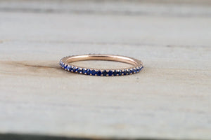 14k Rose Gold Blue Sapphire Dainty Thin Full Eternity Band Wedding Stackable Ring - Brilliant Facets