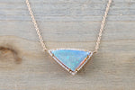 14k Rose Gold Triangle Blue Greenish Fire Opal Diamond Pave Halo Pendant adjustable Chain Necklace - Brilliant Facets