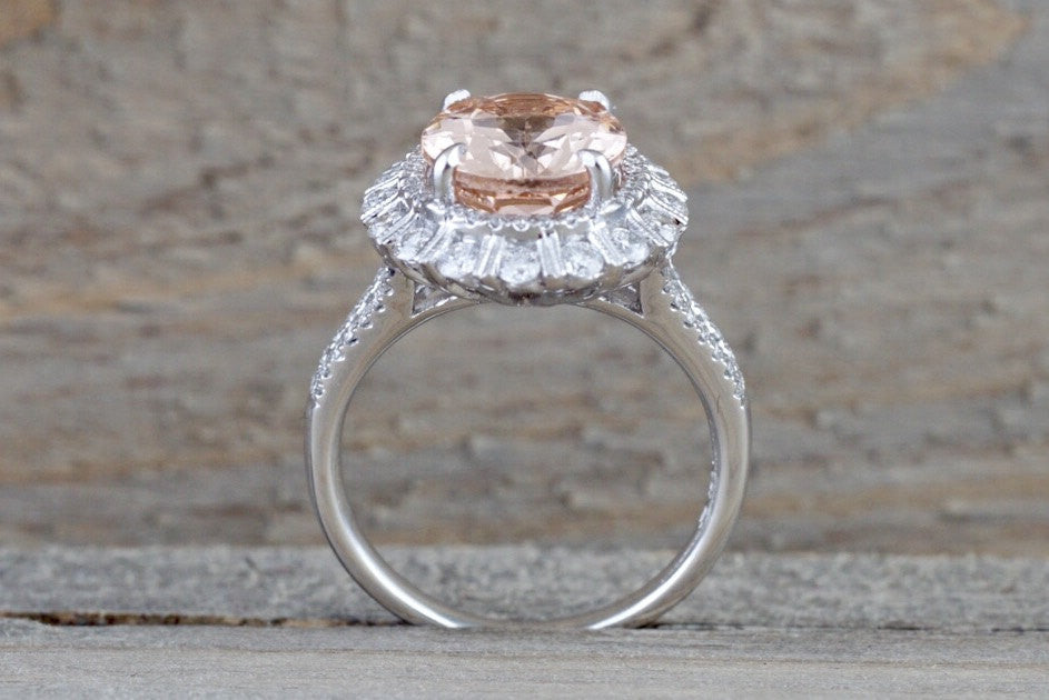 11x9mm 18k White Gold Oval Morganite Diamond Halo Split Shank Ring 11x9 - Brilliant Facets