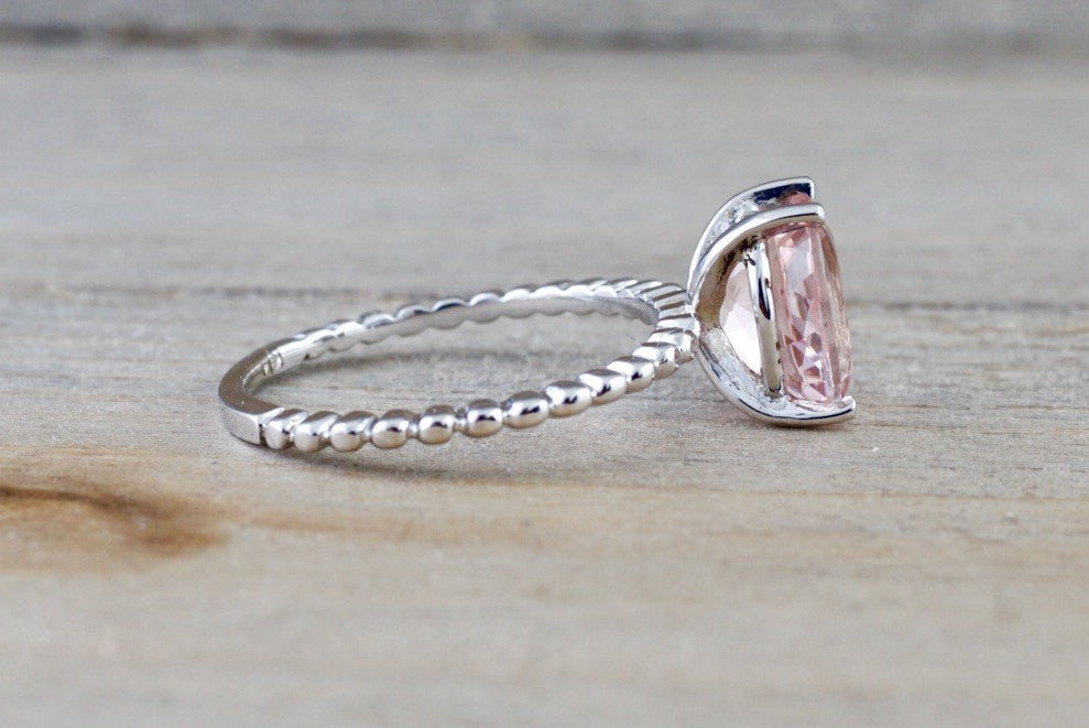 1.85 cts 14k White Gold Elongated Oval Cut Pink Peach Morganite Prong Engagement Promise Ring Rope - Brilliant Facets
