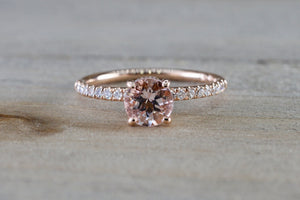 14k Rose Gold Dainty Round Morganite With Round Cut Diamonds Ring - Brilliant Facets