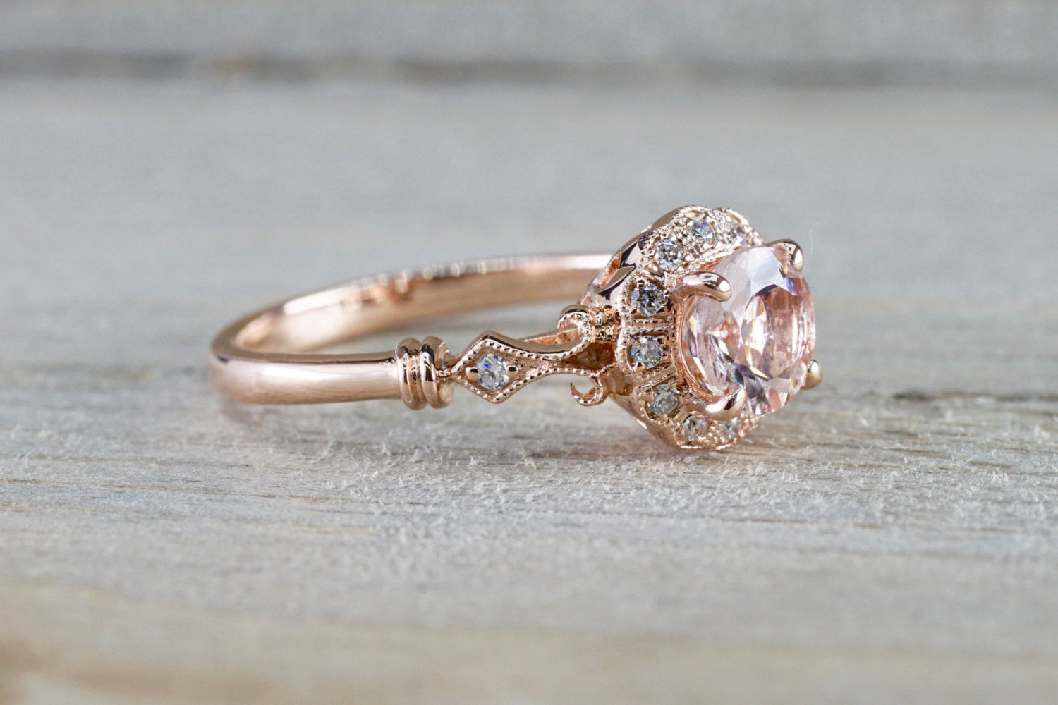 14K Rose Gold Floral Diamond Halo Round Morganite Ring, Shop 14k Rose Gold  Lusso Color Rings