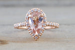 14k Rose Gold Pear Morganite Diamond Halo Engagement Ring Vintage 10x5.8mm - Brilliant Facets