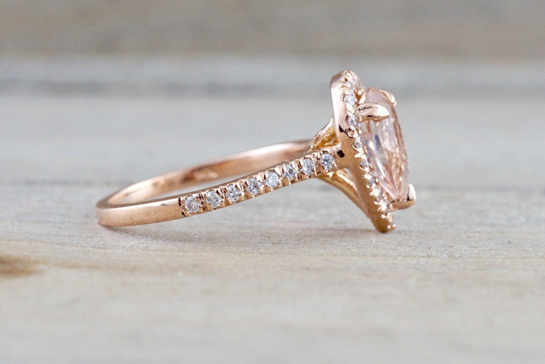 14k Rose Gold Pear Morganite Diamond Halo Engagement Ring Vintage 10x5.8mm - Brilliant Facets