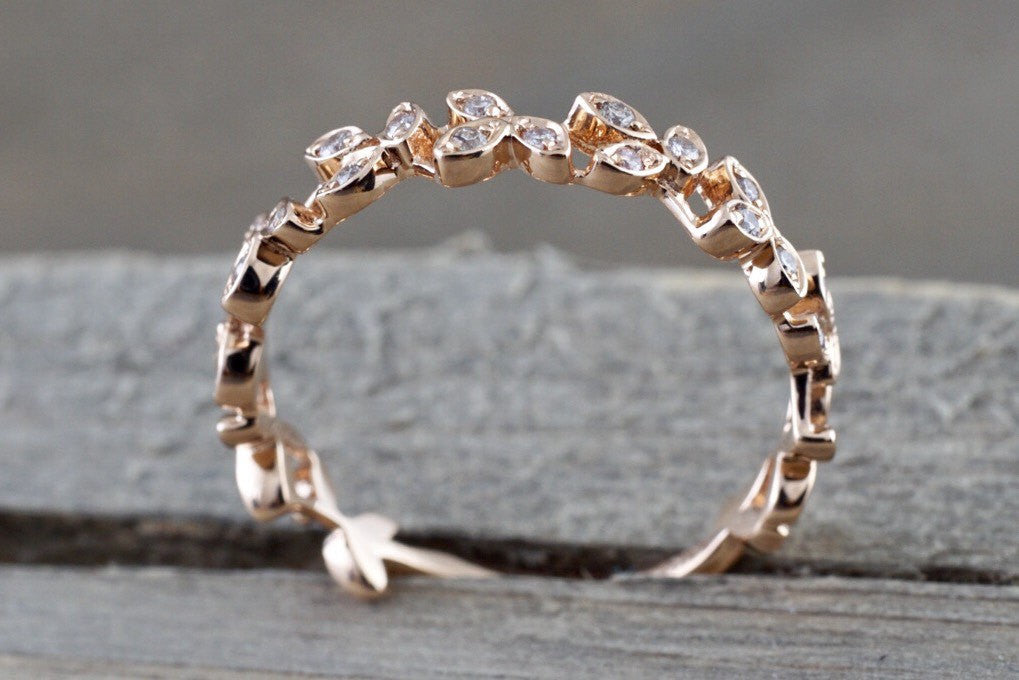 14 kt Rose Gold Diamond Leaf Petal Vine Vintage Design Rope Classic Milgrain Etching Eternity - Brilliant Facets