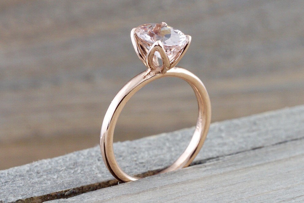 14k Rose Gold Oval Morganite Flower Petal Solitaire Engagement Wedding Ring