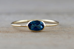 14k Yellow Gold Oval London Blue Topaz Bezel Set Birthstone Mothers Ring Band Stackable