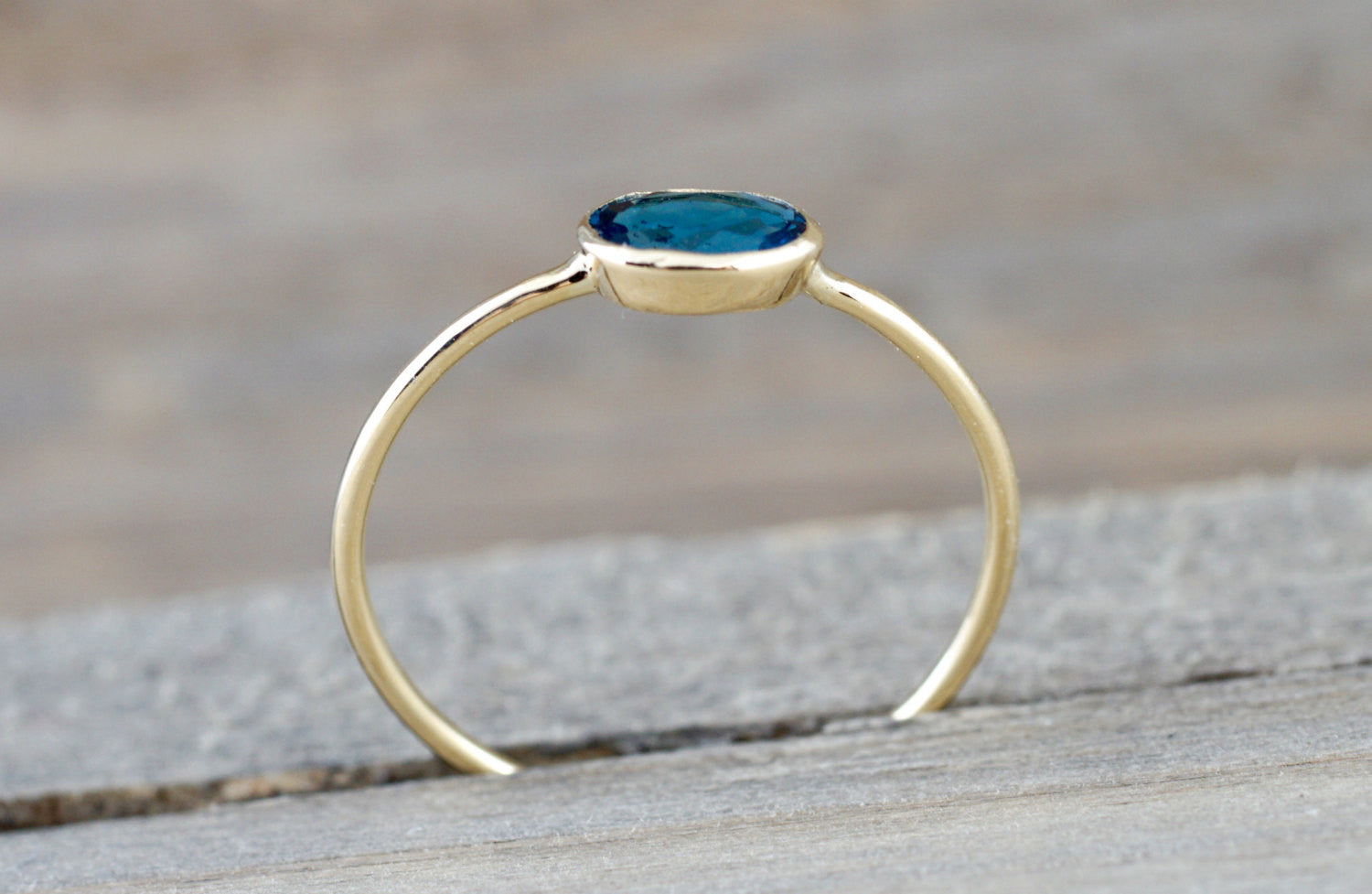 14k Yellow Gold Oval London Blue Topaz Bezel Set Birthstone Mothers Ring Band Stackable