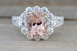 1.90 carats 14k White Gold Elongated Cushion Cut Morganite Diamond Halo Engagement Ring - Brilliant Facets