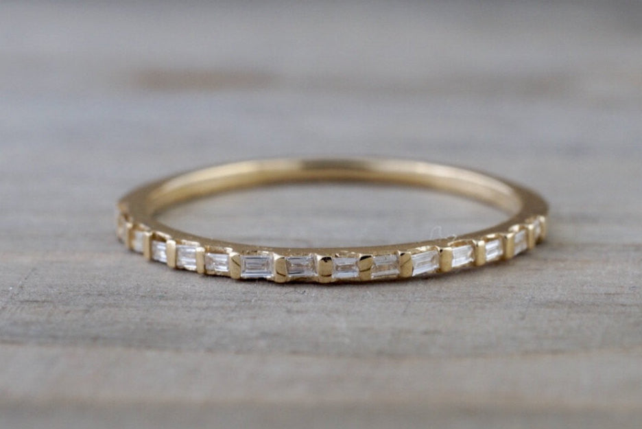 14k Yellow Gold Dainty Thin Channel Set Baguette Cut Rectangle Diamond Band Stackable Design