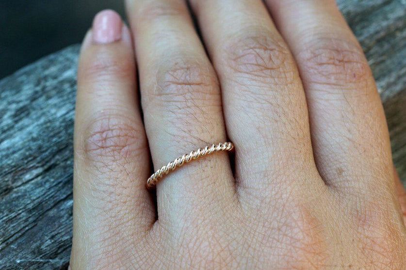 14kt Solid Rose Gold 2mm Twined Rope Twist Stackable Ring Band