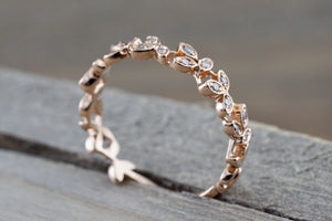 14 kt Rose Gold Diamond Leaf Petal Vine Vintage Design Rope Classic Milgrain Etching Eternity - Brilliant Facets