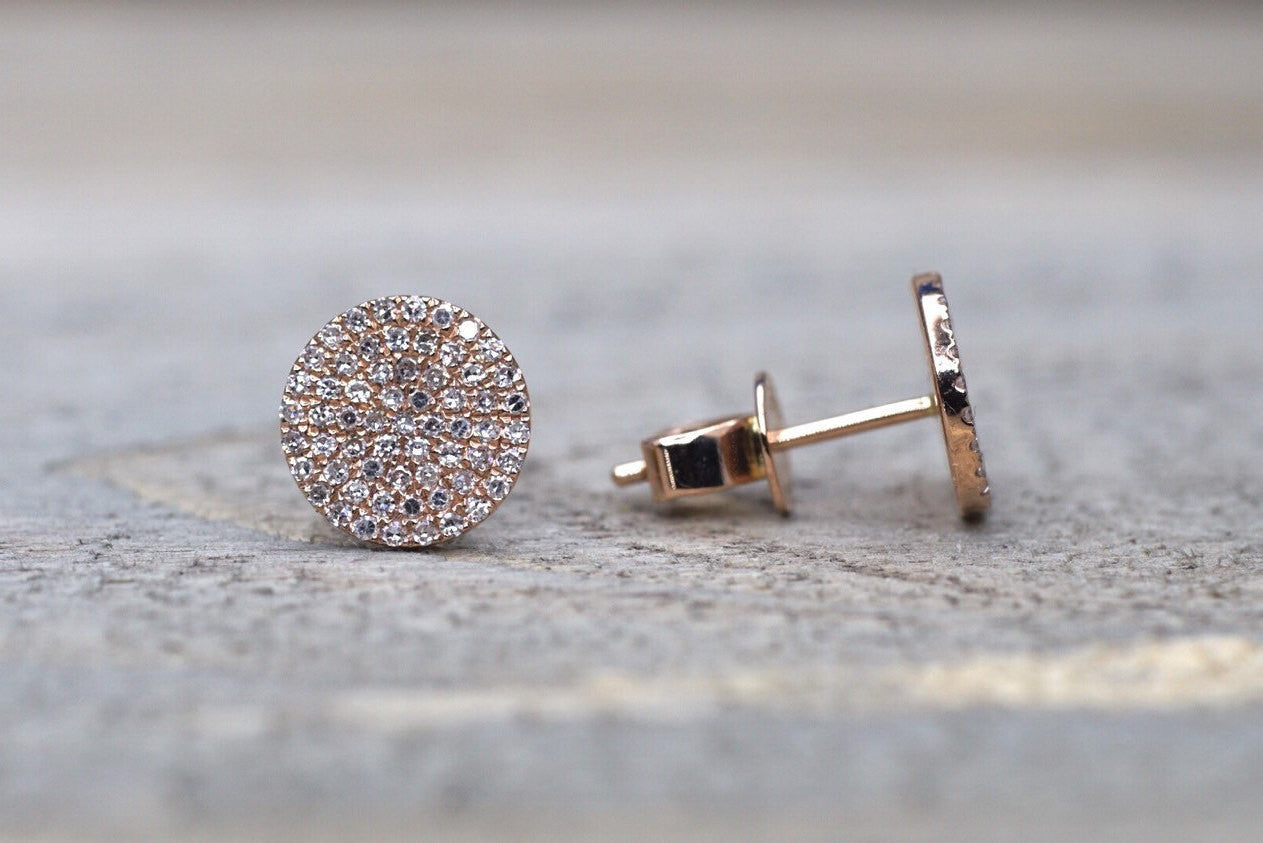 14k Rose Gold Pave Set Diamond Disk Disc Circle Round Stud Earring Post Micro - Brilliant Facets