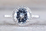 14k White Gold Thin Round Diamond Halo Blue Aquamarine Engagement Ring