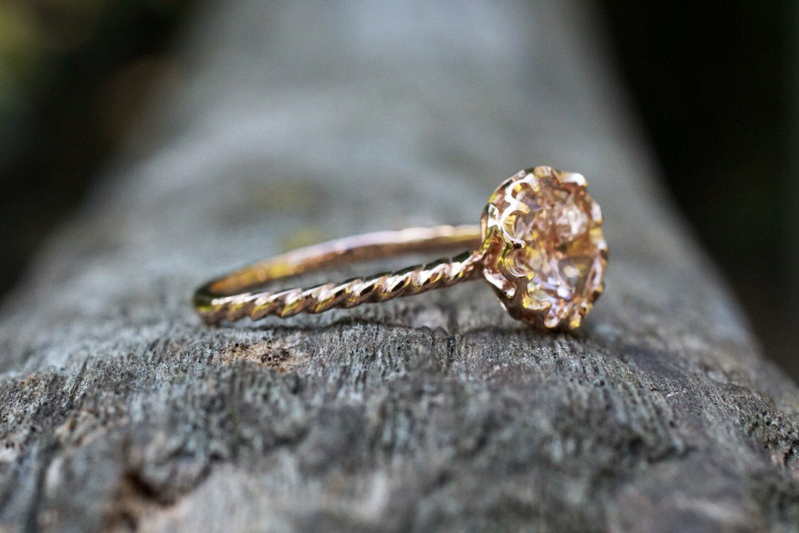 Mandi 9mm Morganite 14k Rose Gold Round Diamond Halo Engagement Ring Crown Vintage
