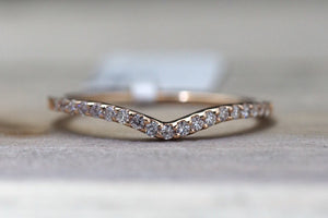 14k Rose Gold V Groove Curve Dainty Thin Diamond Wedding Engagement Band Brilliant Cut Ring - Brilliant Facets