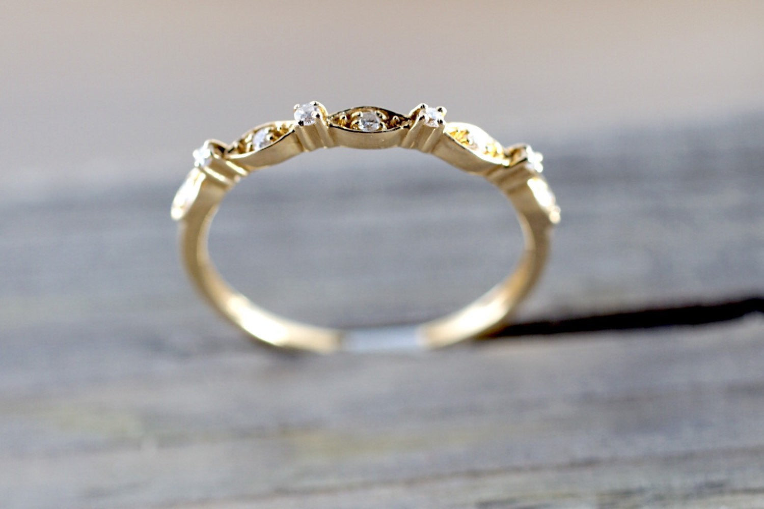 14K Yellow Gold Dainty Thin Stackable Diamond Vintage Classic Arch Shaped