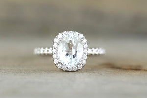 18k White Gold Diamond Oval Topaz Halo Engagement Wedding Anniversary Love Promise Ring Band