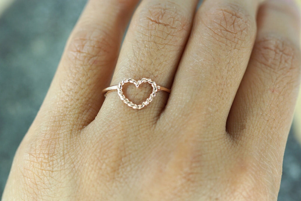 14k Rose Gold Twist Rope Open Heart Anniversart Promise Love Ring Band - Brilliant Facets