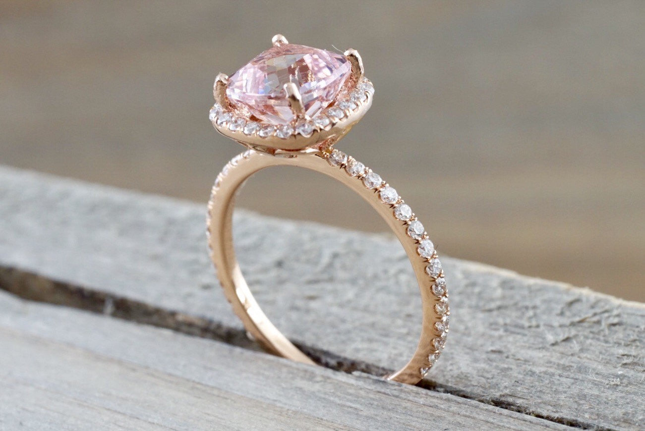 14k Rose Gold Cushion Morganite Diamond Halo Engagement Ring Crown Diamonds - Brilliant Facets