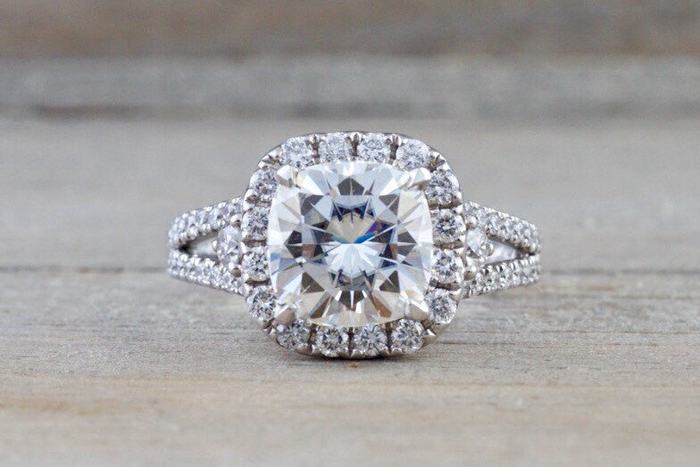 14kt White Gold Diamond Halo Cushion Moissanite Diamond Engagement Ring 8.5mm