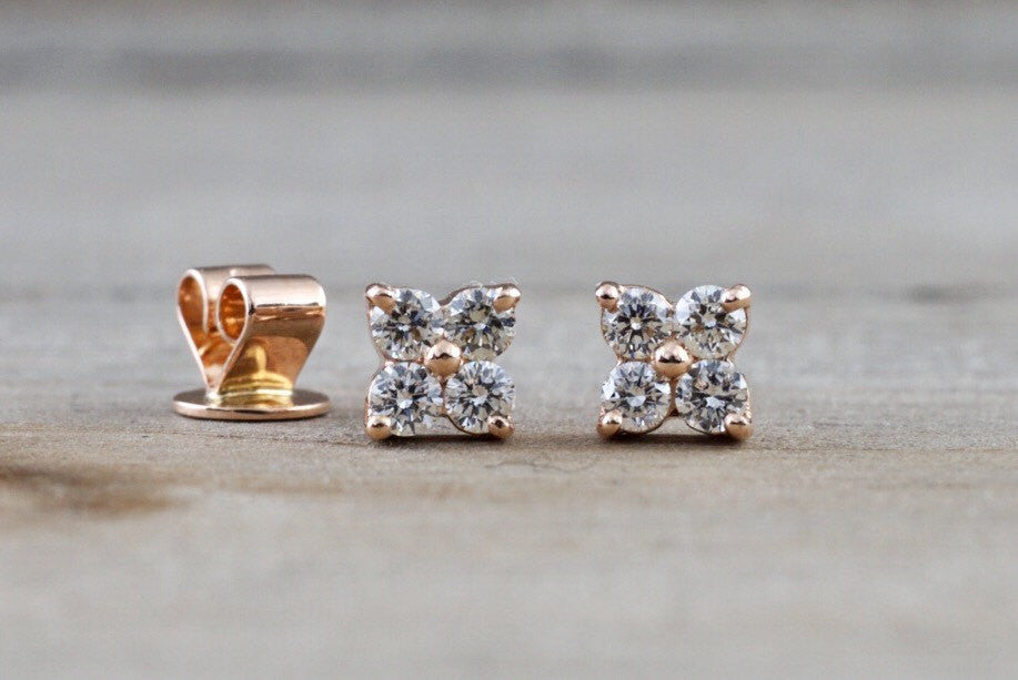 Four Petal Flower Diamond Rose Gold Earrings - 66mint Fine Estate
