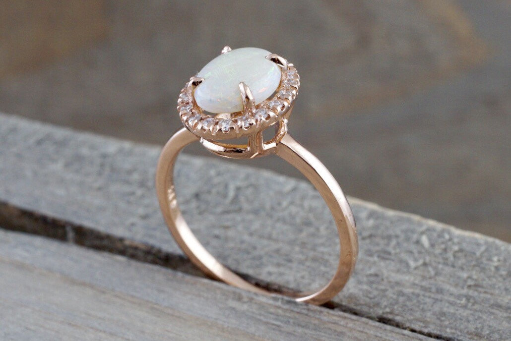 14k Rose Gold Oval Fire Opal Diamond Halo Love Ring Art Deco Vintage - Brilliant Facets
