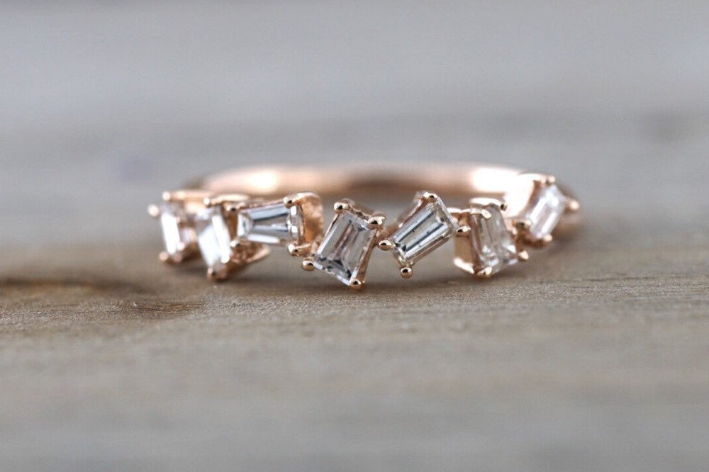 14k Rose Gold Dainty Baguette Cut Rectangle Diamond Band Stackable Design Ring Wedding Twist - Brilliant Facets