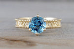 14k Yellow Gold Leaf Floral Danity Vintage Milgrain Round Blue Topaz Ring