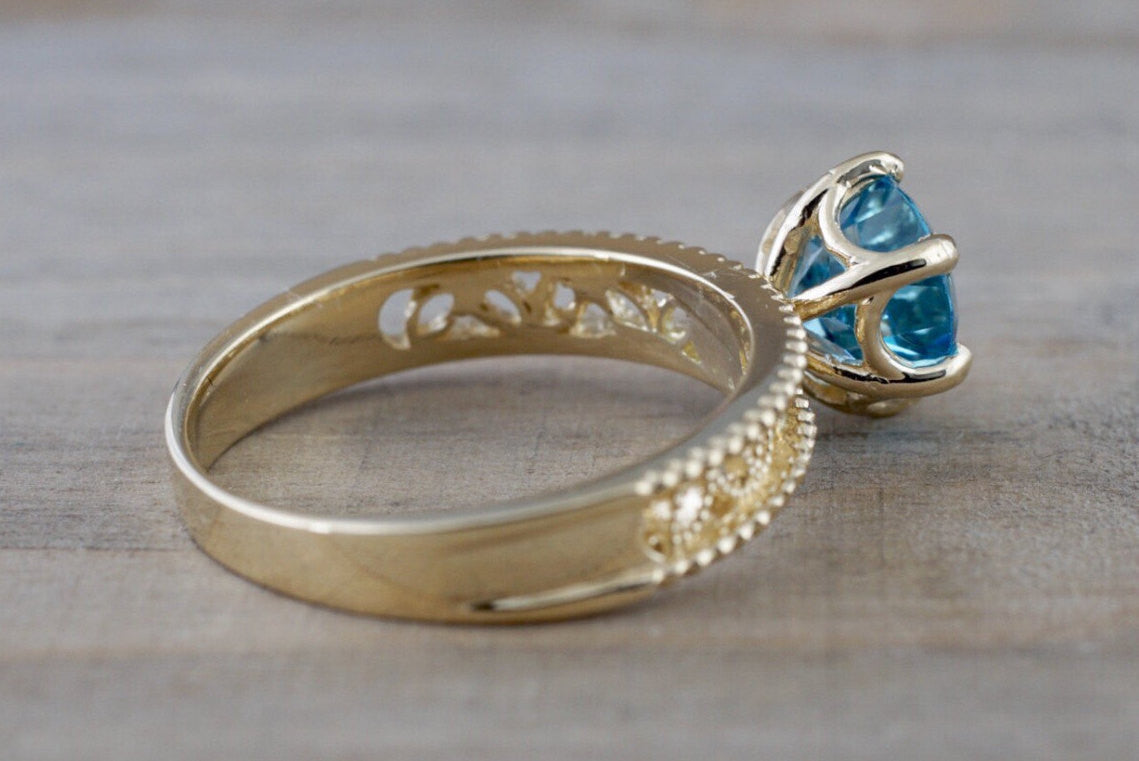 14k Yellow Gold Leaf Floral Danity Vintage Milgrain Round Blue Topaz Ring