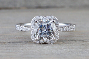 14k White Gold Cushion Moissanite Diamond Halo Engagement Promise Ring
