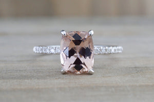 14k White Gold Cushion Cut Morganite Diamond Ring Under Halo - Brilliant Facets