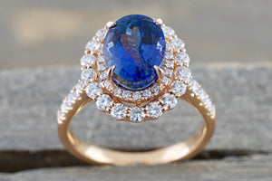 Olena 18k Rose Gold Double Oval Tanzanite Diamond Halo Wedding Engagement Promise Ring ER010015