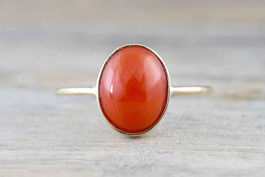 14k Yellow Gold Oval Bezel Natural Ruby Red Coral Band Ring Fashion 11x9