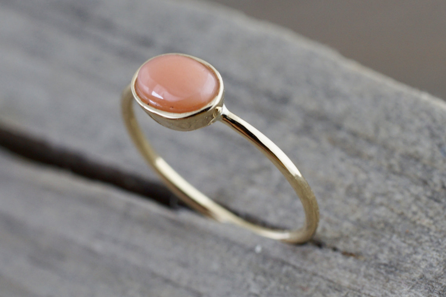 14k Solid Yellow Gold Oval Bezel Natural Pink Coral 0.39 carats Band Ring - Brilliant Facets