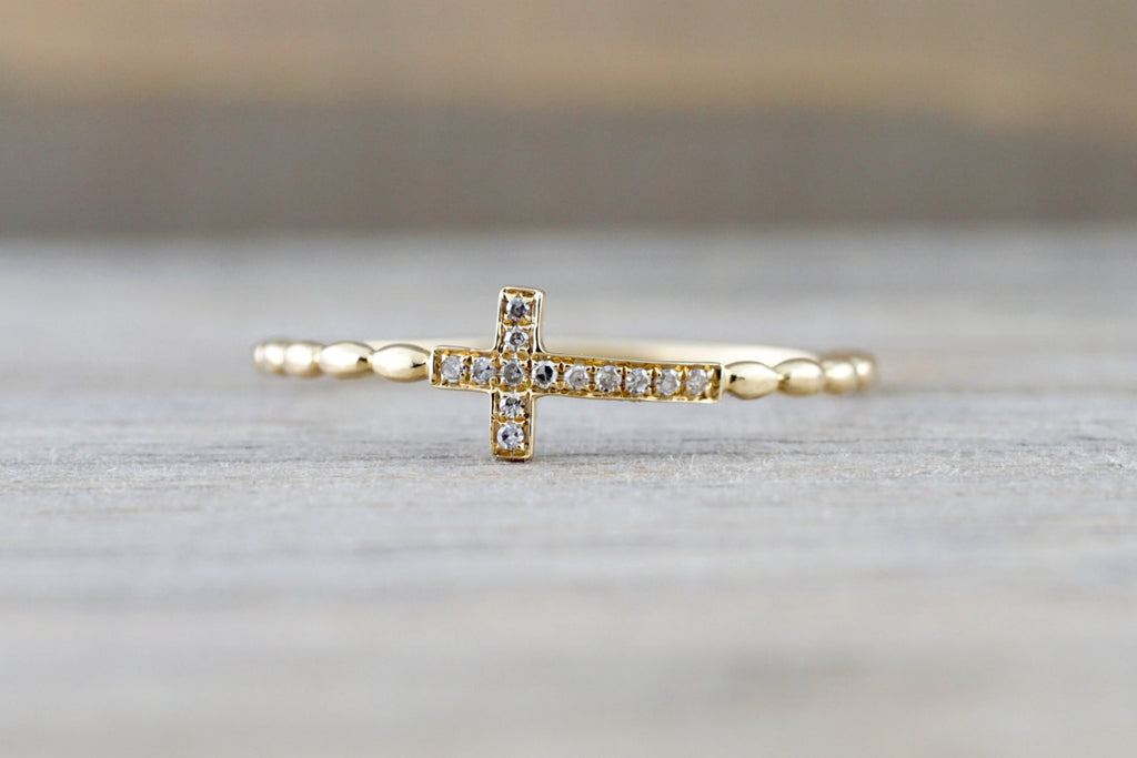 14kt Solid Gold Diamond Sideways Cross Ring Side Ways Rope Bead Band