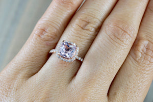 14k Rose Gold Cushion Morganite Diamond Halo Engagement Ring Crown Diamonds - Brilliant Facets