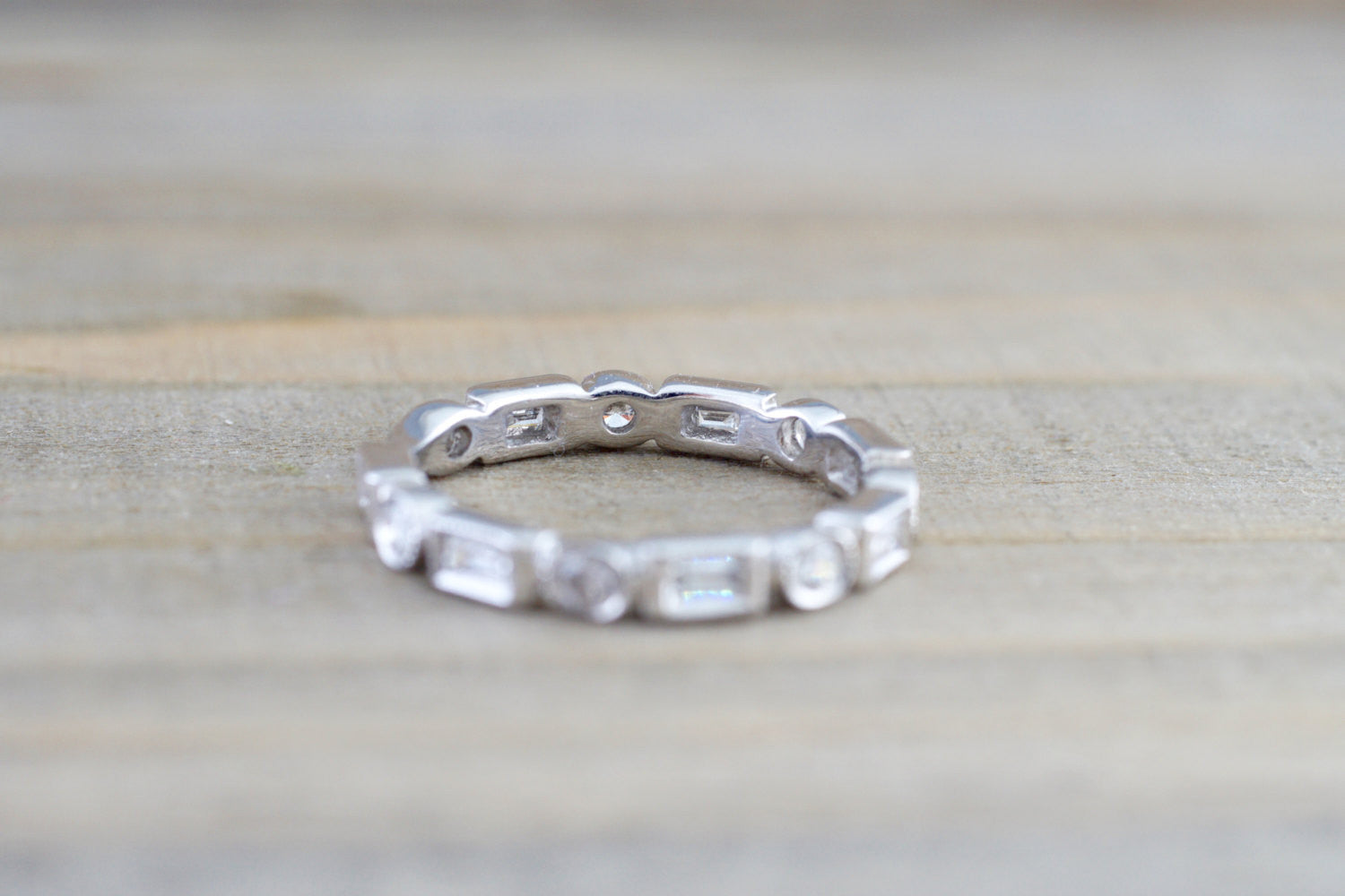 14k White Gold Brilliant Cut and Emerald Cut Diamond Eternity Band with Milgrain Stacking Stackable - Brilliant Facets