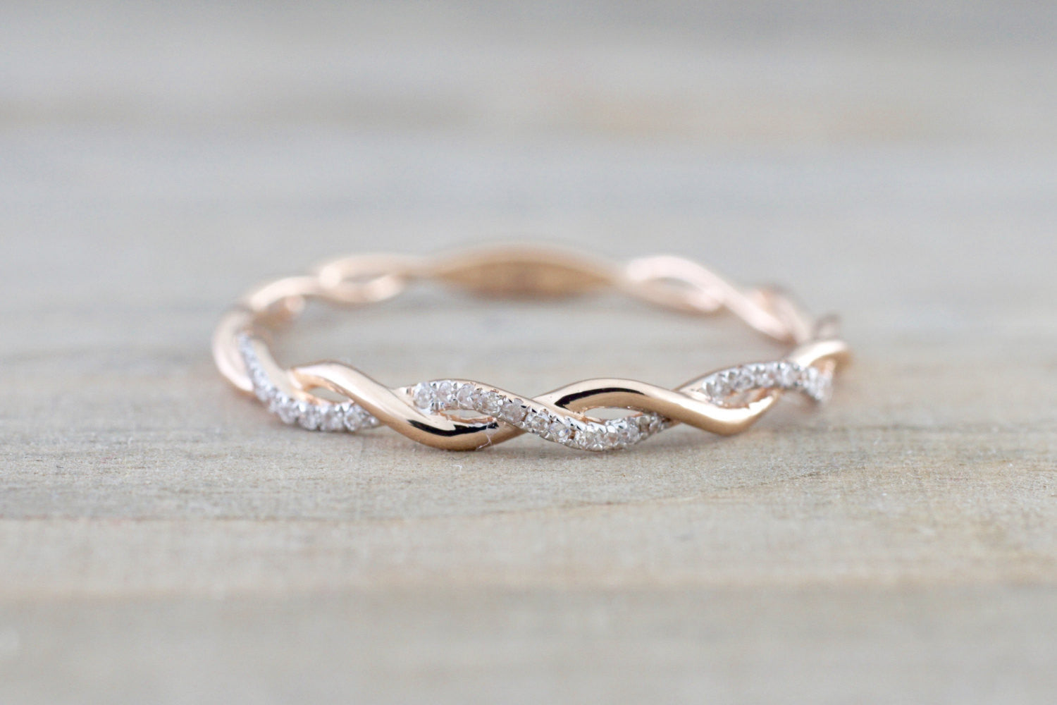 14k Rose Gold Diamond Rope Twined Vine Micro Pave Stackable Ring - Brilliant Facets