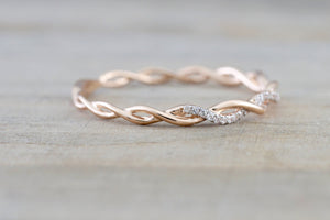 14k Rose Gold Diamond Rope Twined Vine Micro Pave Stackable Ring - Brilliant Facets