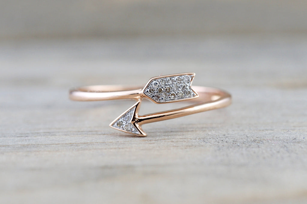 14k Solid Rose Gold Thin Diamond Arrow Ring Band Love Dainty Stackable Stacking - Brilliant Facets