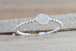 18k White Gold Diamond Pave Disk Ball Bead Stackable Ring Band Promise Anniversary Fashion Rope