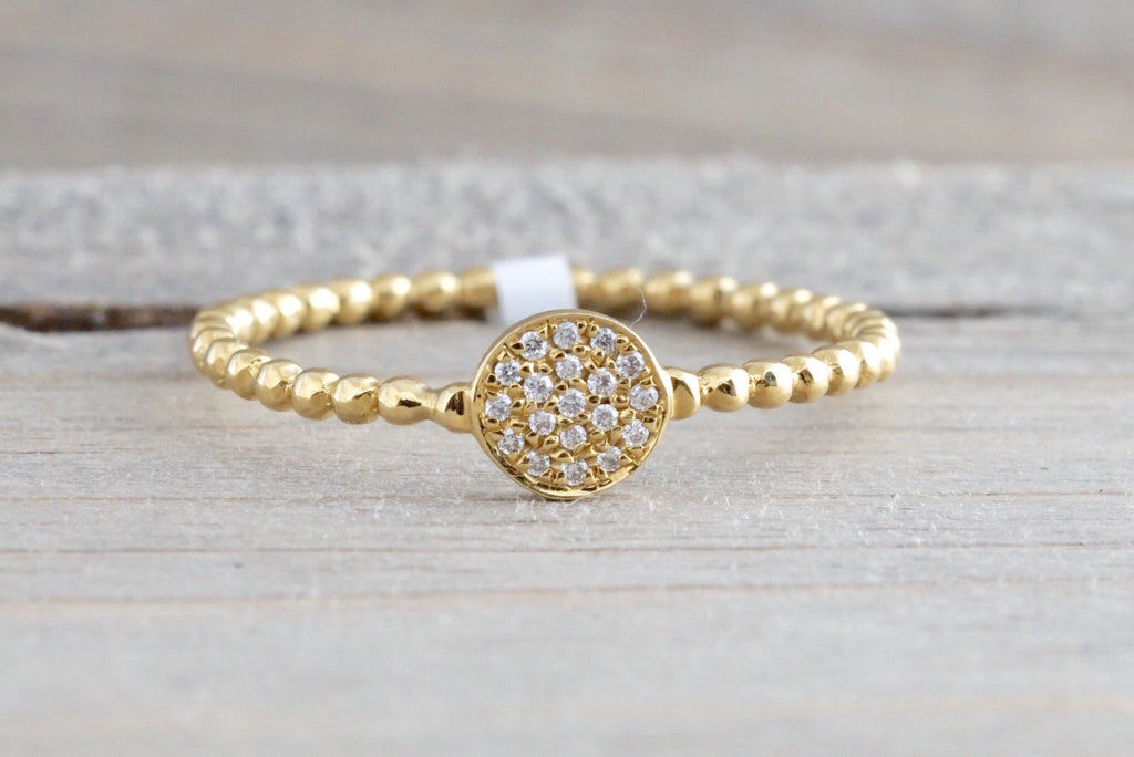 18k Yellow Gold Diamond Pave Disk Ball Bead Stackable Ring Band Promise Anniversary Fashion Rope