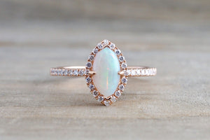 14k Rose Gold Marquise Fire Opal Diamond Halo Engagement Ring - Brilliant Facets