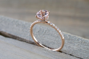 14k Rose Gold Dainty Round Morganite With Round Cut Diamonds Ring - Brilliant Facets