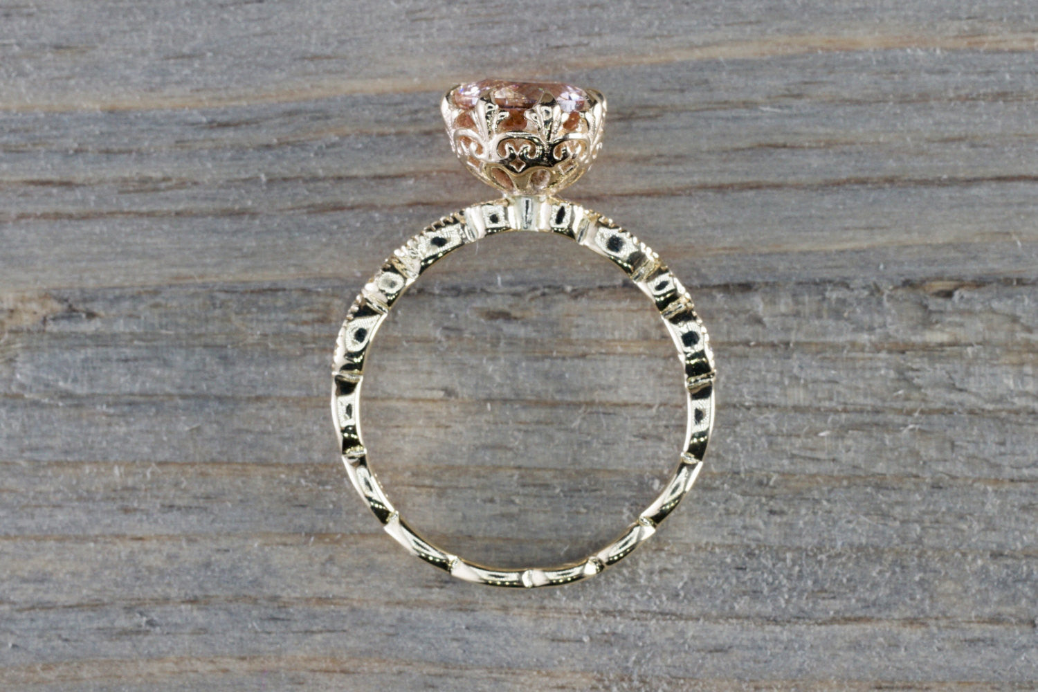 BelAir 14k Yellow Gold Round 7mm Morganite Pinkish Engagement Ring Crown Vintage Design Diamonds